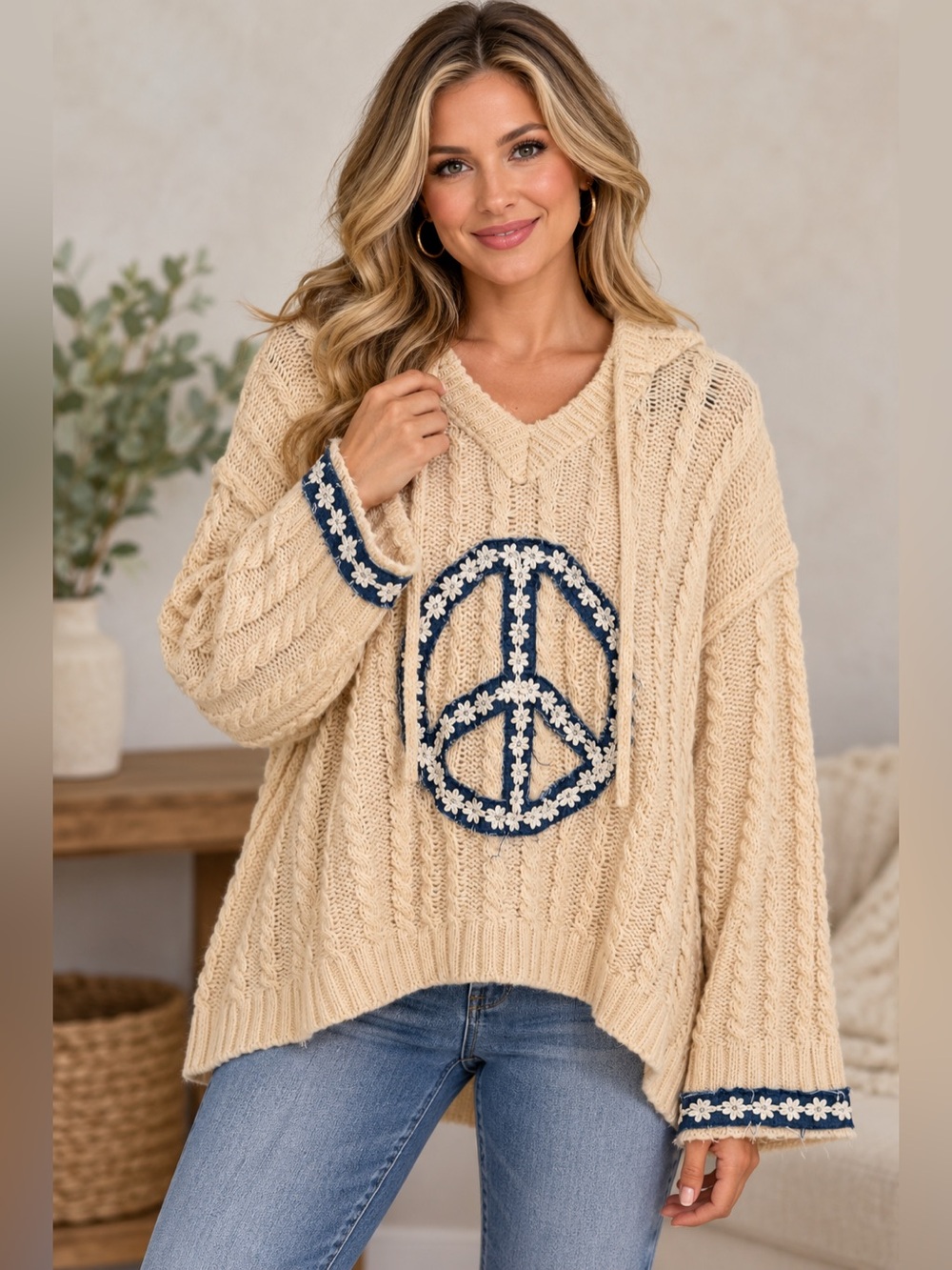 POL Peace Sign Cable Knit Hooded Sweater Boho Cream Blue NWOT